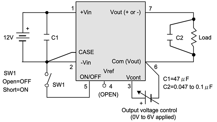 To reduce input impedance due to lead length between the supply and the converter, designers can add capacitor C1 on the terminal side. To further reduce noise, C2 can be added across the load (Image source: Bellnix)